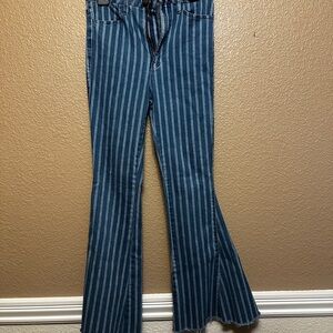 Mumu Blue Sz 27 Berkeley Zip-Up Bells Fountain Stripe Raw Hem Flare Jeans